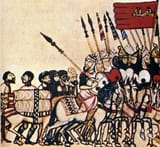 Moorish troops plus servants with a mule carrying tents on its back, from Las Cantigas_de_Santa_Maria-099-6