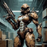 tan Desert Camo colored Warframe power armor suit with Organic Modest Countour
