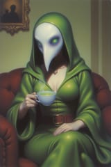 FXB-Verse_00122-1982 dungeons and dragons, high fantasy setting, [castle comfy] interior, very sexy FLUX Plague Doctor with glowing eye holes, holding tea cup, tea is glowing green
