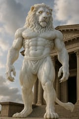 20250708_2037_Majestic Alabaster Lion Man_simple_compose_01jznn6857emh8csyfbnrmjv5n