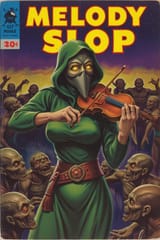 FXB-Verse_00123-Title reads %22Melody Slop%22, The Wizard&#039;s Vintage Comic Book Cover, FLUX Plague Doctor, musician, playing violin while a crowd of zombies watch her from behind