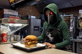 FXB-Verse_00124-D&amp;D book Style, fastfoodlora, as an incredibly sexy fast food worker FLUX Plague Doctor wearing black apron with a unicorn symbol print, cheeseburger bacon burger on tray on top of counter