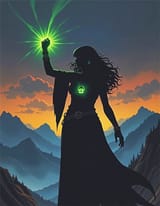 FXB-Verse_00125-D&amp;D book Style, heroic female shadow silhouette with raised fist irradiating a emerald green aura, her whole figure is dark, she is wearing a glowing ring, glowing lantern symbol on her chest, epic