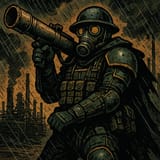 Gritty Vivid style comic art of a man with visible eyes, wearing dark green cyberpunk tactical power armor , Holding Rocket Launcher Bazooka