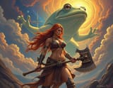 FXB-Verse_00127-Cosmic vedic art, [Incredibly sexy redhead barbarian midriff toned body large breasts, breasts focus, large axe] warrior, from behind, immense [Frog] God in the sky, ethereal panorama