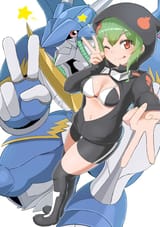 Rina Shinomiya With UlForceVeedramon Doing Victory Peace Sign (100zettabyte)