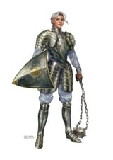 Female Human Knight Paladin Old flail heavy gray white shield noble