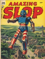 FXB-Verse_00129-vintage superhero comic book cover of %22Amazing Slop%22 1950s Pulp art style aesthetics, American flag themed vintage humanoid Robot flying in mid air, aerial view of small town background