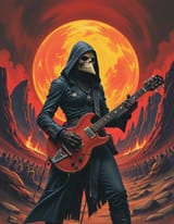 1982 dungeons and dragons book, 1980s graphic design, high fantasy setting, [large audience] in the distance, faceless female plague doctor full face beaked mask with tinted eye holes, hood, goth rockstar attire, wearing potion belt, playing guitar in fro