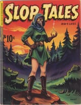 FXB-Verse_00128-vintage superhero comic book cover of %22Slop Tales%22 1950s Pulp art style aesthetics, mysterious FLUX Plague Doctor, standing on edge of rock, sunrise in the background behind forest backdrop