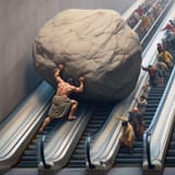 AI art_Sisyphus pushing rock up an escalator leading down