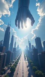 FXB-Verse_00130-view of a high-tech futuristic sci-fi city on a sunny day. Clouds and sun in the background outside of point of view, giant monster giant humanoid reaching to viewer with giant hand through sky in the distance