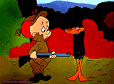 Elmer shoots Daffy in da face