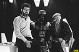 George Lucas, Darth Vader (David Prowse), and Irvin Kershner sitting in Vader’s meditation chamber during the making of The Empire Strikes Back (1979)