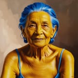 Old woman with yellow skin and blue hair