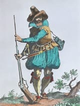 School_English_-_German_soldier_of_the_early_17th_century_armed_with_matchlock_musket_(colour_eng_-_(MeisterDrucke-1087734)