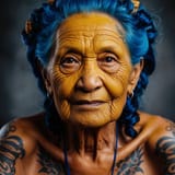 Old woman with yellow skin, tattoos, and blue hair