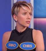 Anxious ScarJo with short hair and two Chris&#039;s on her boobs