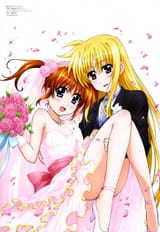 yande.re 316257 crossdress dress fate_testarossa heels mahou_shoujo_lyrical_nanoha okuda_yasuhiro takamachi_nanoha wedding_dress yuri