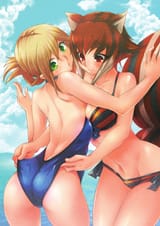 Makoto fixing Noel&#039;s swimsuit