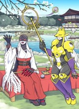 __ladydevimon_sakuyamon_culumon_sakuyamon_miko_mode_and_sandiramon_digimon_drawn_by_narome_and_levy__879b669ae18ab4fa361fe64e7c8efd1c
