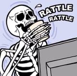 skeleton drinking at computer