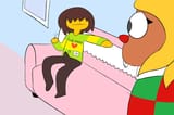 119462 - 1boy 1girl artist_unknown colored deltarune erection kris noelle_holiday sitting sofa text