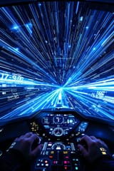 POV looking through the front dash of a spaceship 