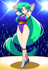 Yae (ganbare goemon), green hair, absurdly long hair, low ponytail, green eyes, s-3120134156