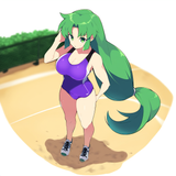 Volleyball court, sand, 1girl, {{yae (ganbare goemon), purple swimsuit, green ey s-1776997092