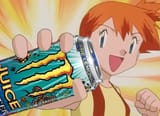 Misty from the Pokémon anime holding an Aussie Lemonade Monster Juice energy drink