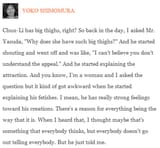 Yoko asks Akiman why he designed Chunli with big thighs