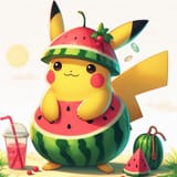 watermelon-themed Pikachu, casual but exquisite illustrative artstyle, whimsical, semi-realistic