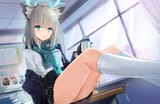 Konachan.com - 323015 animal_ears aqua_eyes blue_archive drink gloves gray_hair halo long_hair prawnlunchset scarf school_uniform short_hair skirt wolfgirl
