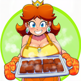 princess daisy, naked apron, smile, grin, oven mitts, holding tray of brownies, s-1626108447