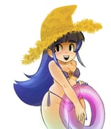 Plum swimsuit and inner tube