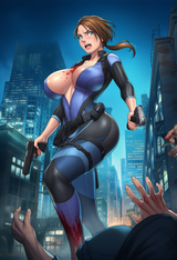 1girl, jill valentine, , {{{{{{{see-through clothes}}}}}}}, , scared, handgun, { s-2511987177