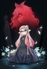 1girl, best quality, Inkling, dark, shadows, contrast, bloodborne, glowing, squi s-1256725391