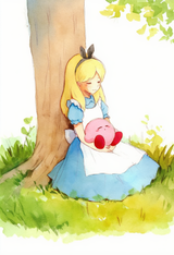 1girl, alice (alice in wonderland), sitting bace of tree, sleeping, watercolor ( s-20863869