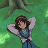haruhi lying on the grown despondent