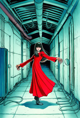 F.E.A.R., {{alma wade}}, 1girl, solo, lab, red dress, horror, traditional media, s-1599220862