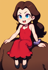 pauline (mario), brown hair, short, loli, happy, freckles around nose, black mar s-1973926766