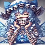 Portrait of Cirno the Ice Fairy from Touhou, extremely wide grin filled with hundreds of teeth arranged in a grid, teeth protruding from skin and hair, teeth falling out onto table, detailed anime screenshot_a0aa9dd6-30d2-43d3-b000-ea21cbb6cc55