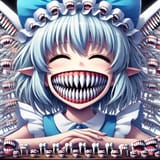 Portrait of Cirno the Ice Fairy from Touhou, extremely wide grin filled with hundreds of teeth arranged in a grid, tooths protruding from skin and hair, teeth falling out onto table, detailed anime screenshot_0de9dd24-dded-4c8e-a91f-d8cc11c15333