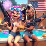 Two Splatoon inkling women joyfully sitting beside swimming pool at backyard BBQ party, holding American rifles and cheeseburgers, denim shorts and American flag print bikini tops, sharp teeth, fireworks in sky, HD 3D_e49e7db4-381d-4d5c-a329-56df9684fa0c