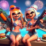 Two Splatoon inkling women joyfully sitting beside swimming pool at backyard BBQ party, holding American rifles and cheeseburgers, denim shorts and American flag print bikini tops, sharp teeth, fireworks in sky, HD 3D_426a8eb5-4b23-4d98-b499-75a25650c31f