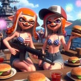 Two Splatoon inkling women joyfully sitting at BBQ party on deck of battleship in ocean, holding American rifles and cheeseburgers, denim shorts and American flag print bikini tops, sharp teeth, fireworks in sky, HD 3D_463eac53-074f-4821-ad47-b02bba9cb0a5