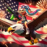 Splatoon inkling woman joyfully riding a giant flying American eagle, American flag print bandana and tank top shirt, sharp teeth, holding two American rifles, fireworks in background, American flag background, HD 3D_ed59af50-e477-43eb-b286-bdd92b4ca0dc