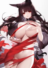 yande.re 906535 akagi_(azur_lane) an_yasuri animal_ears azur_lane breast_hold breasts kitsune no_bra nopan tail torn_clothes undressing