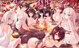 Konachan.com - 254181 aqua_eyes autumn azur_lane breasts cleavage drink fang foxgirl group leaves long_hair nude onsen red_eyes sideboob tail towel water wet white_hair